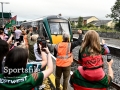 Supporters and Irish Rail staff at Castlebar train station welcome the arrival of the Mayo team train before the homecoming celebrations of the All-Ireland Senior Football Champions